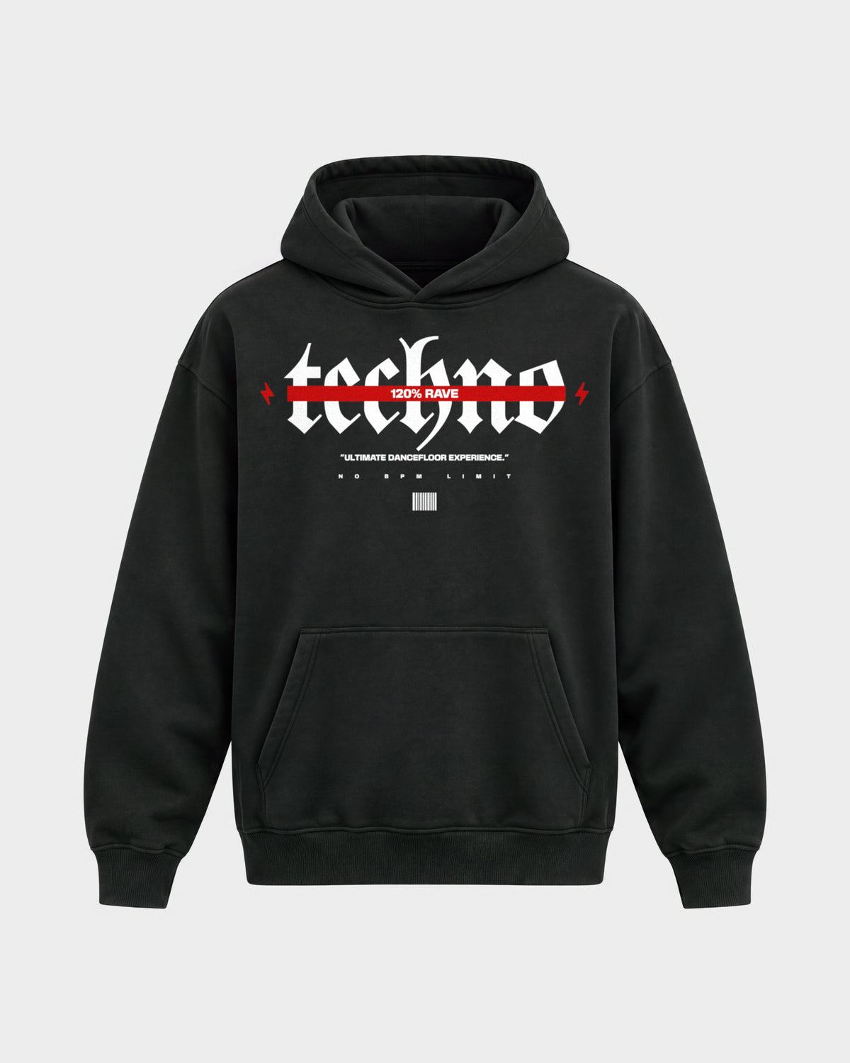 120% Rave – Oversized Hoodie in Schwarz, Frontprint – Hard Nights