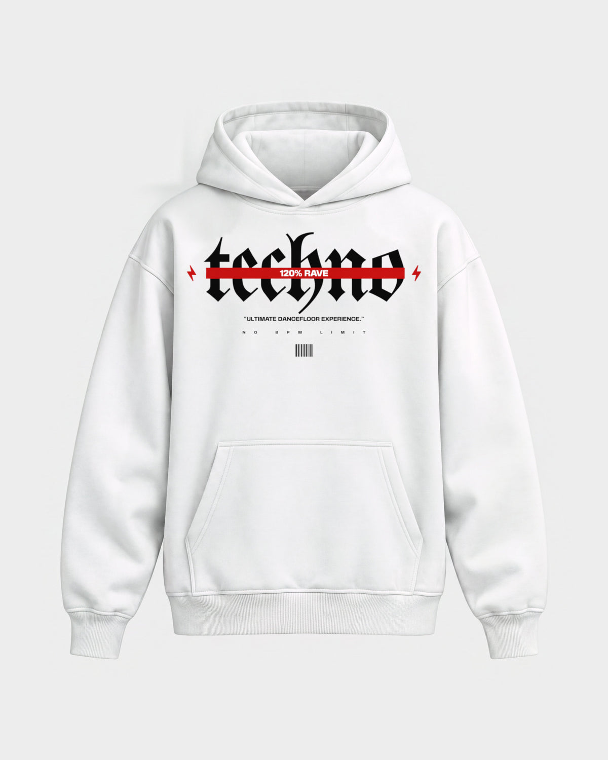 120% Rave – Oversized Hoodie in Weiß, Frontprint – Hard Nights