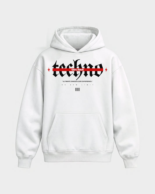 120% Rave – Oversized Hoodie in Weiß, Frontprint – Hard Nights