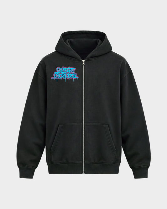 2Fast2Bounce – Oversized Zipper Hoodie in Schwarz, Frontprint – Hard Nights