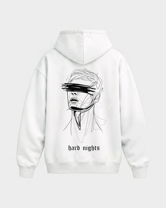 8AM – Oversized Hoodie in Weiß, Rückenprint – Hard Nights