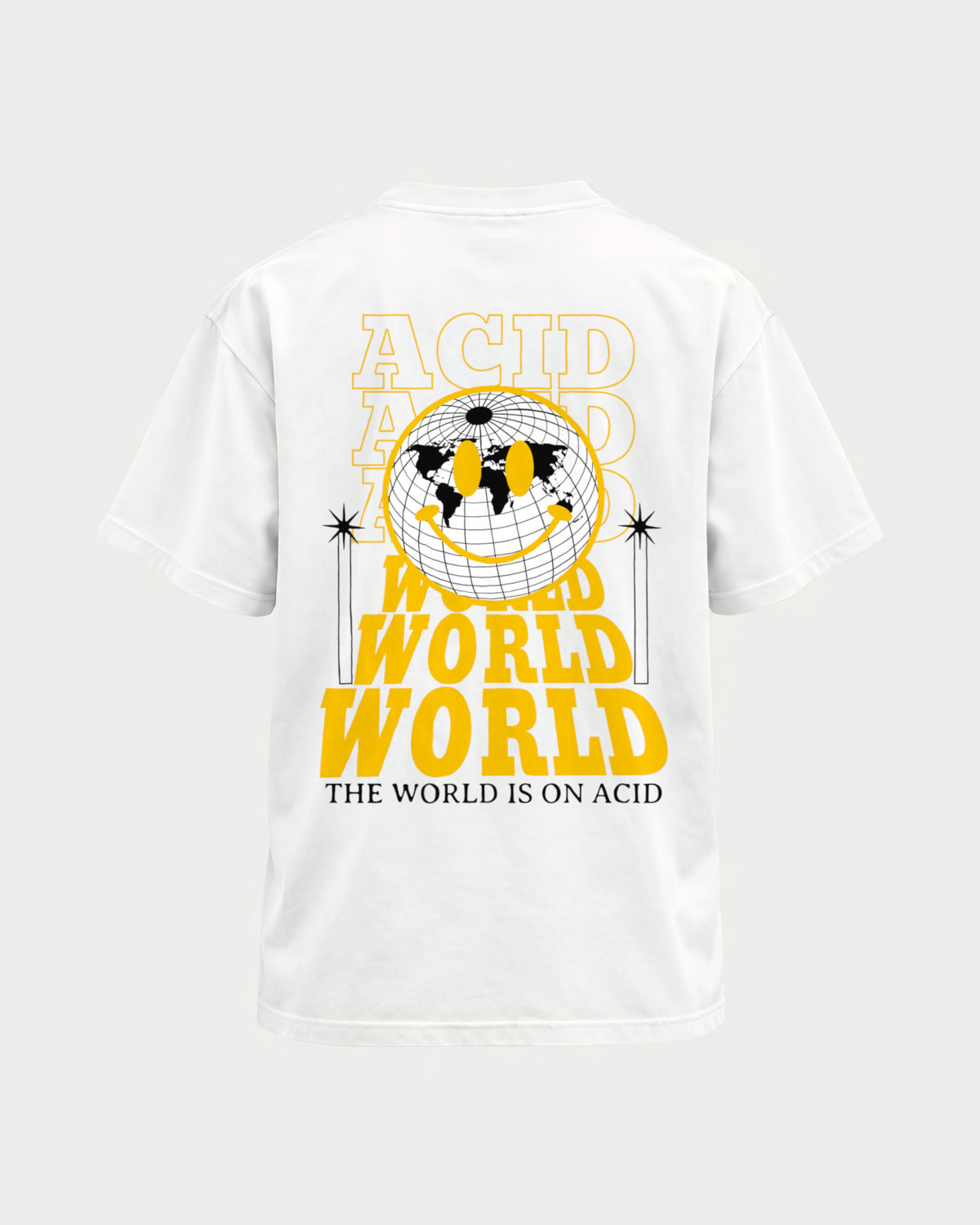 Acid world – Basic Shirt in Weiß, Rückenprint – Hard Nights