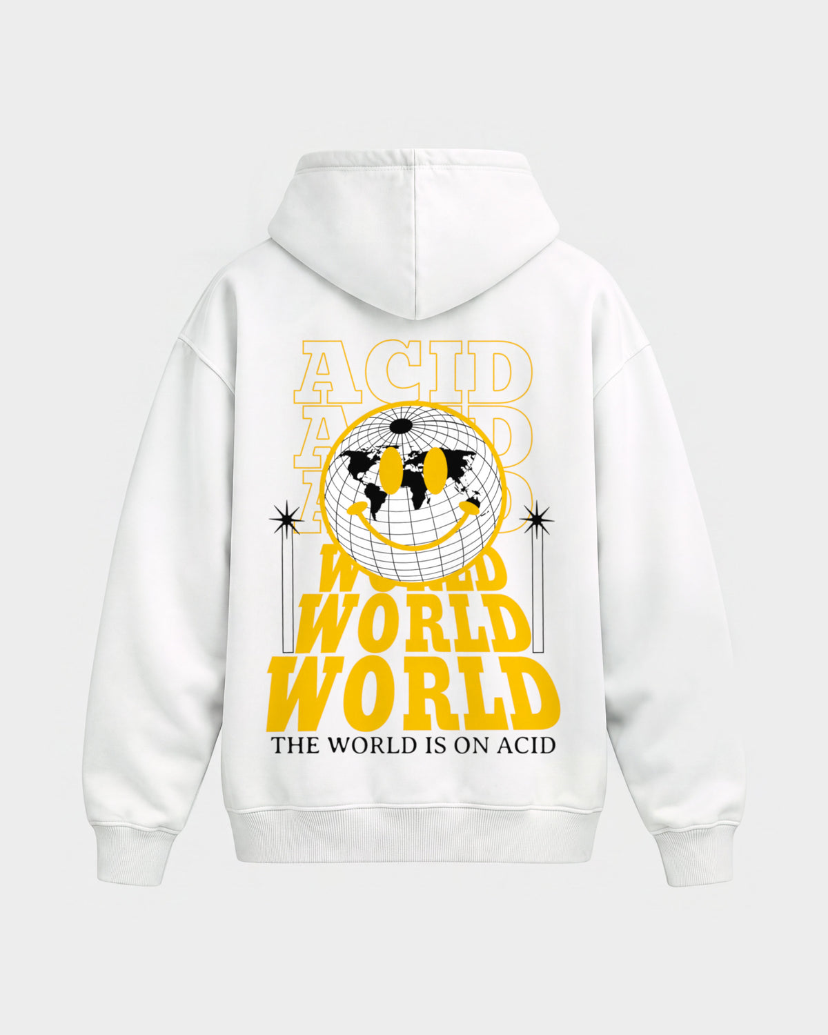 Acid world – Oversized Hoodie in Weiß, Rückenprint – Hard Nights