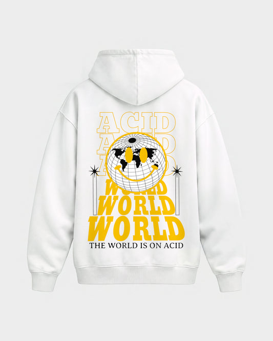 Acid world – Oversized Hoodie in Weiß, Rückenprint – Hard Nights