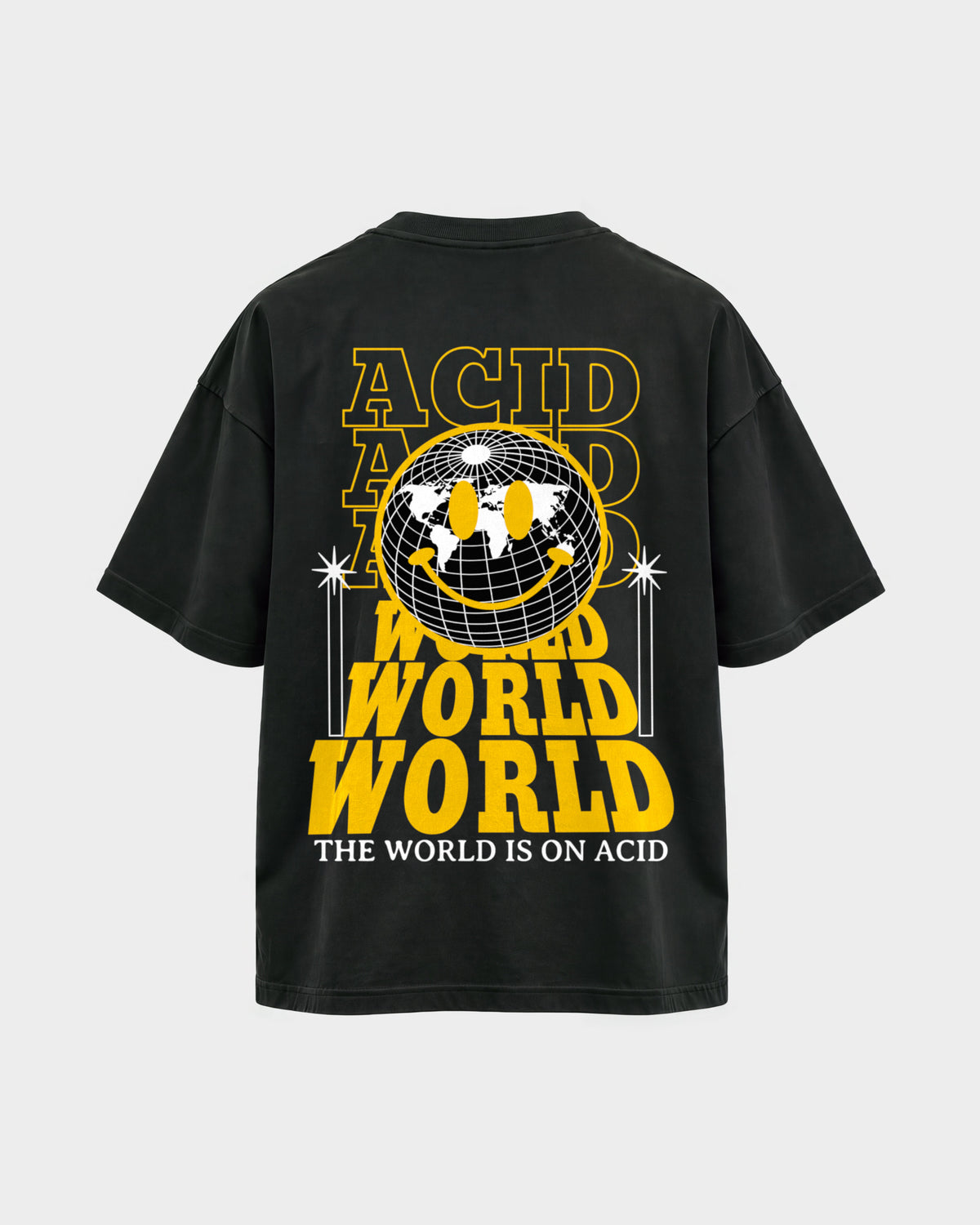 Acid world – Oversized Shirt in Schwarz, Rückenprint – Hard Nights