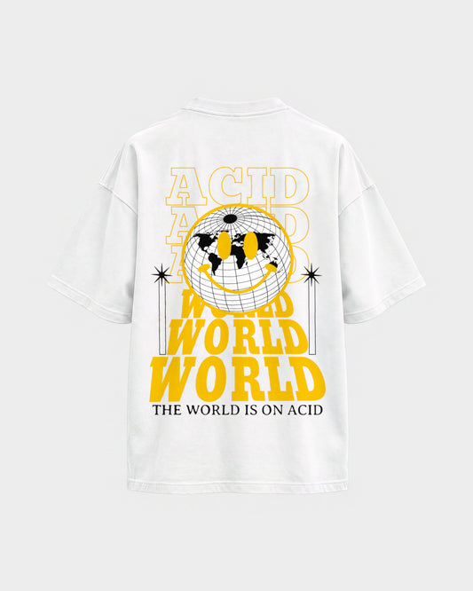 Acid world – Oversized Shirt in Weiß, Rückenprint – Hard Nights
