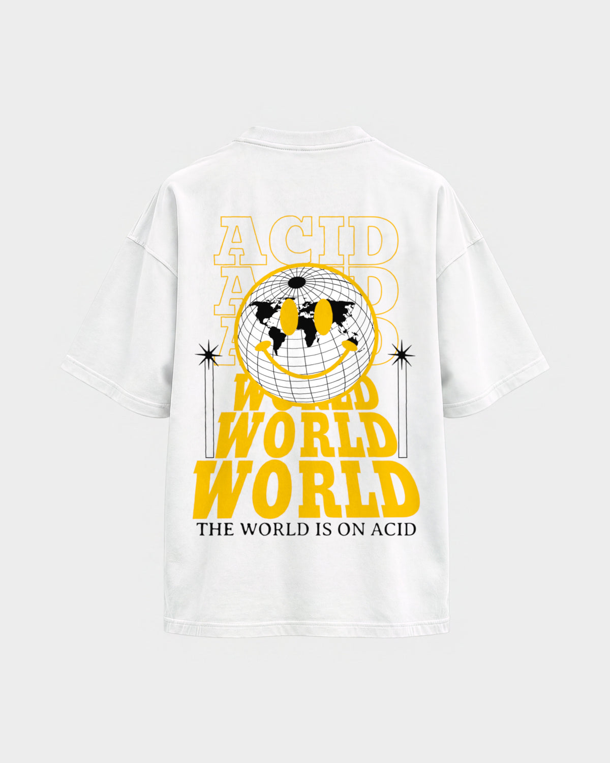 Acid world – Oversized Shirt in Weiß, Rückenprint – Hard Nights