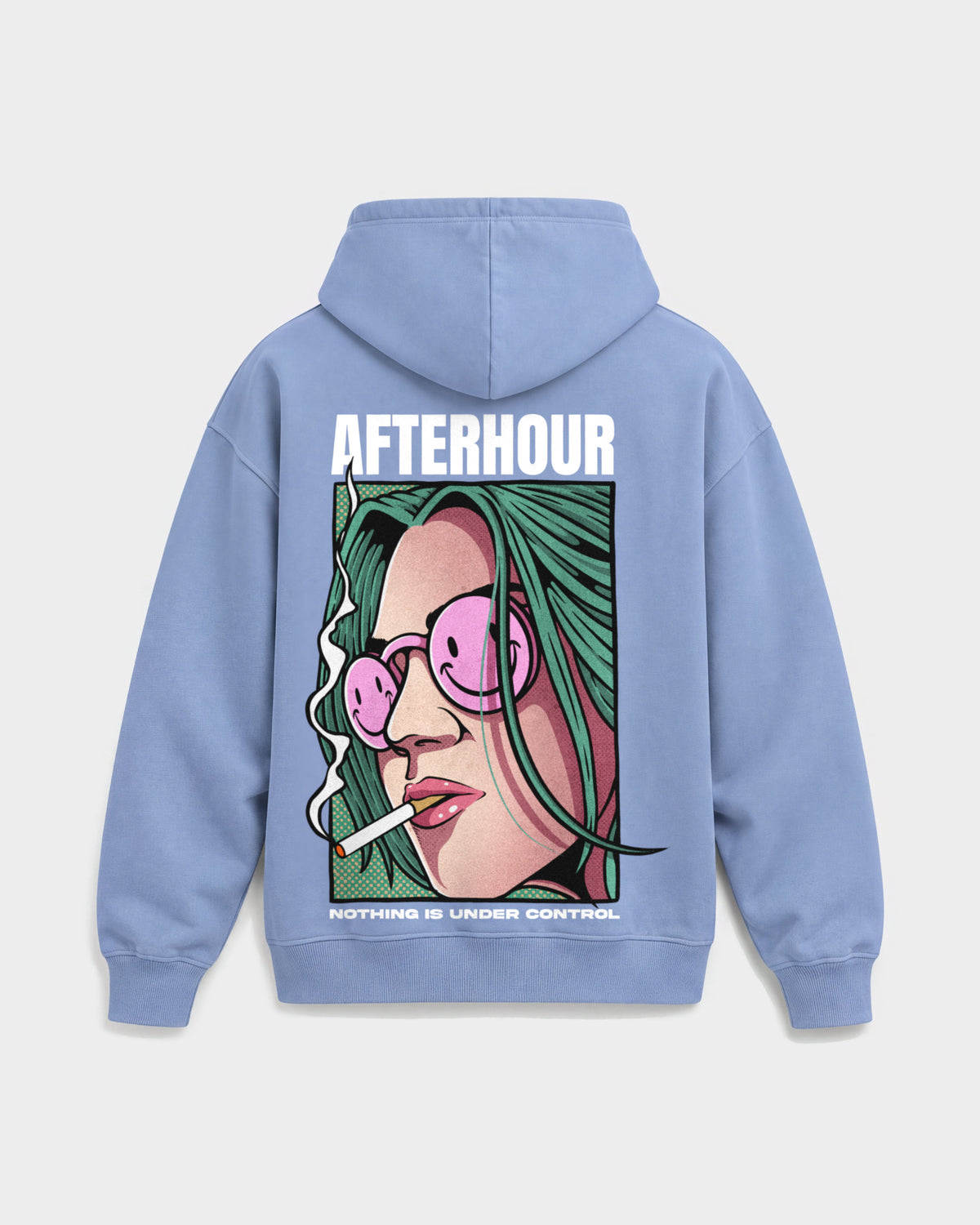 Afterhour – Oversized Hoodie in Puderblau, Rückenprint – Hard Nights