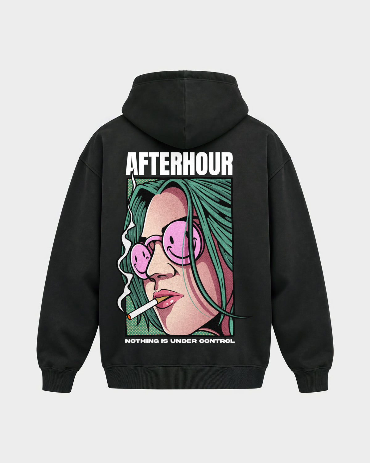 Afterhour – Oversized Hoodie in Schwarz, Rückenprint – Hard Nights