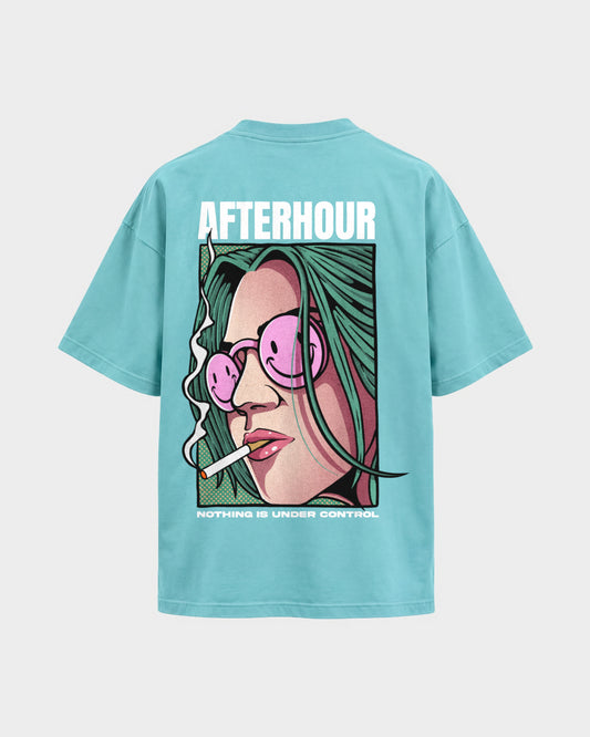 Afterhour – Oversized Shirt in Berylblau, Rückenprint – Hard Nights
