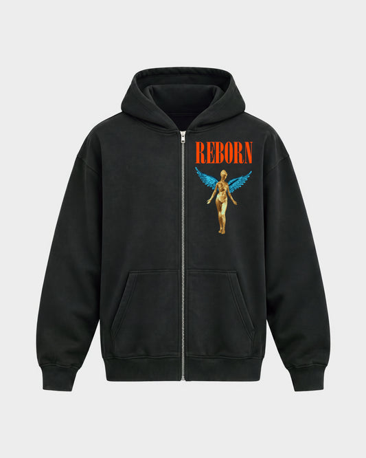 Angel – Oversized Zipper Hoodie in Schwarz, Frontprint – Hard Nights
