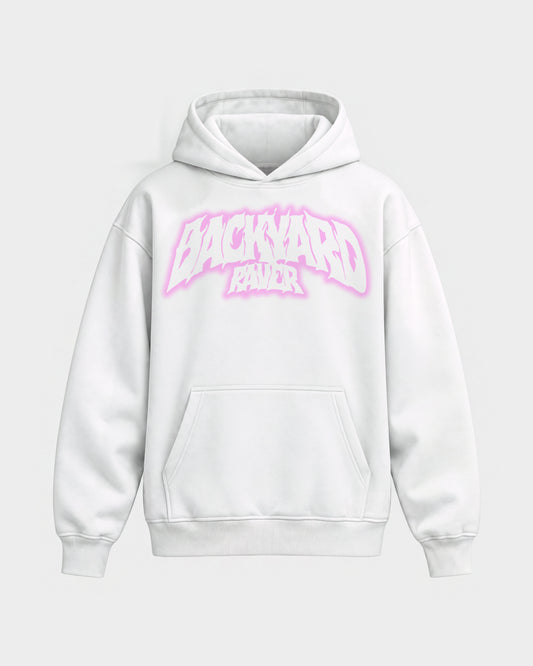 Backyard raver – Oversized Hoodie in Weiß, Frontprint – Hard Nights