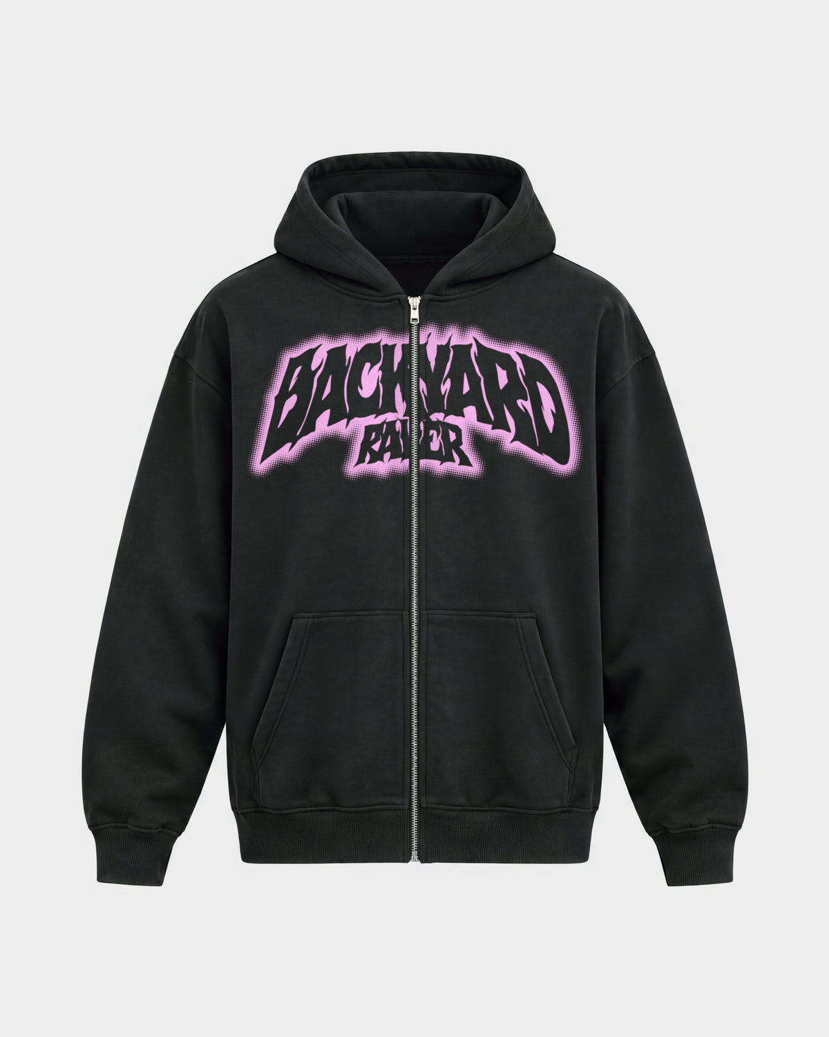 Backyard raver – Oversized Zipper Hoodie in Schwarz, Frontprint – Hard Nights
