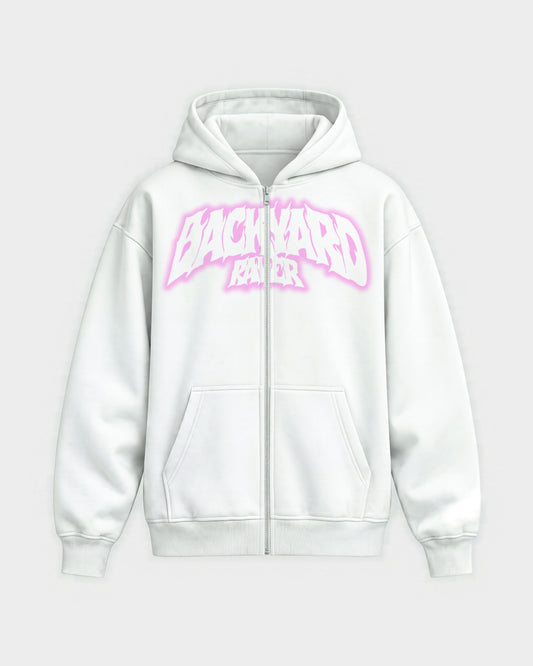 Backyard raver – Oversized Zipper Hoodie in Weiß, Frontprint – Hard Nights