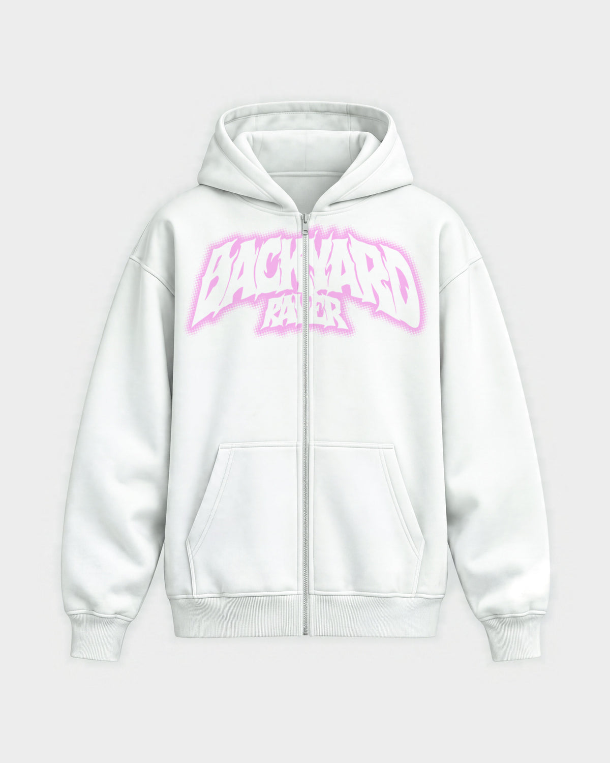 Backyard raver – Oversized Zipper Hoodie in Weiß, Frontprint – Hard Nights