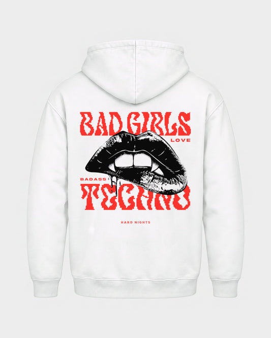 Bad Girls Badass Techno – Basic Hoodie in Weiß, Rückenprint – Hard Nights