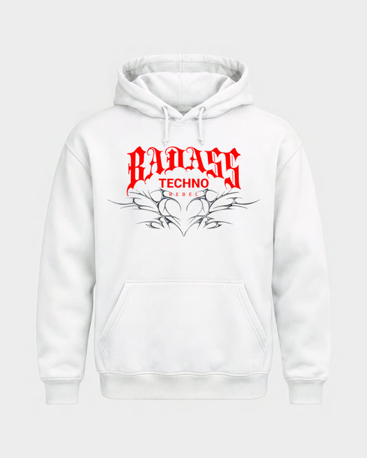 Badass techno rebel – Basic Hoodie in Weiß, Frontprint – Hard Nights
