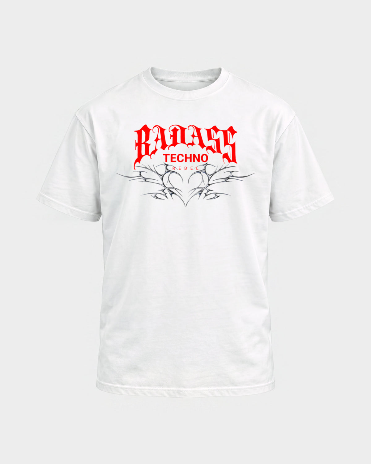 Badass techno rebel – Basic Shirt in Weiß, Frontprint – Hard Nights
