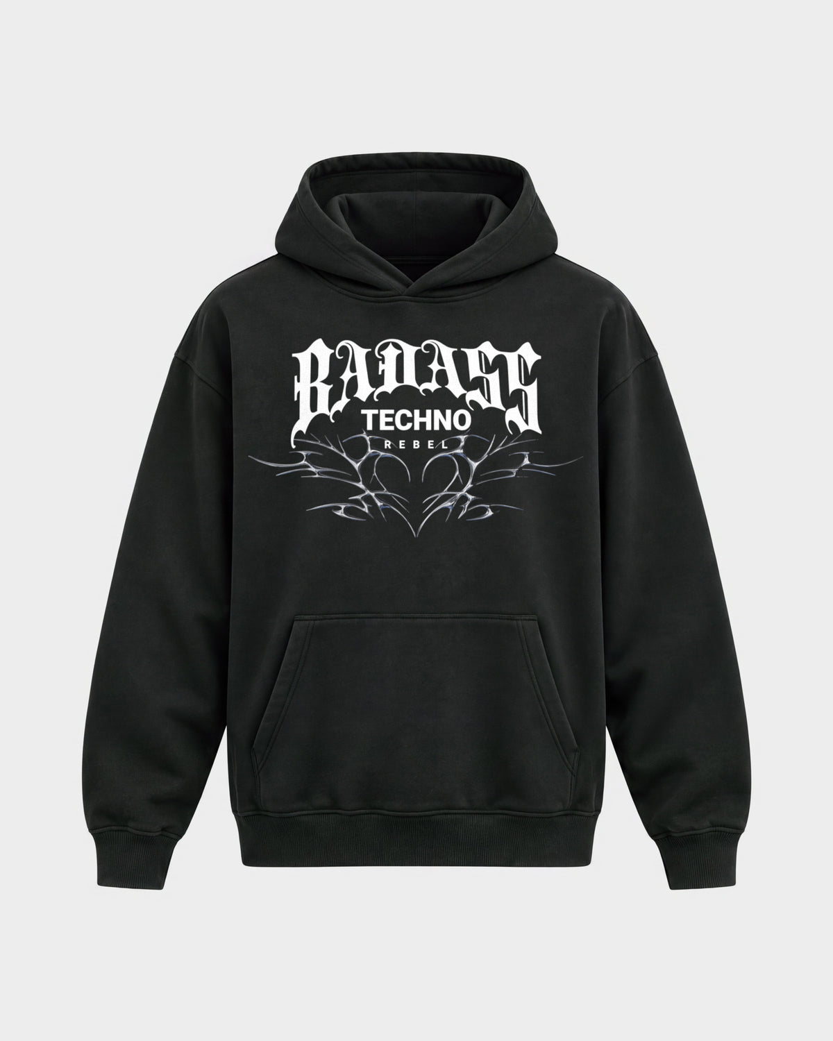 Badass techno rebel – Oversized Hoodie in Schwarz, Frontprint – Hard Nights