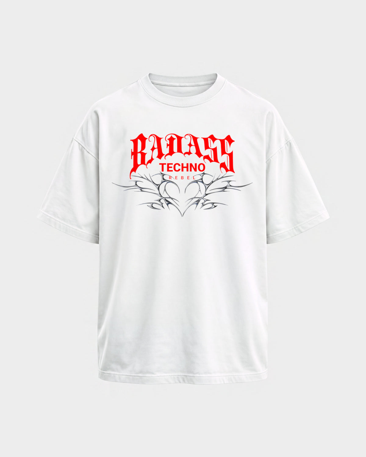 Badass techno rebel – Oversized Shirt in Weiß, Frontprint – Hard Nights