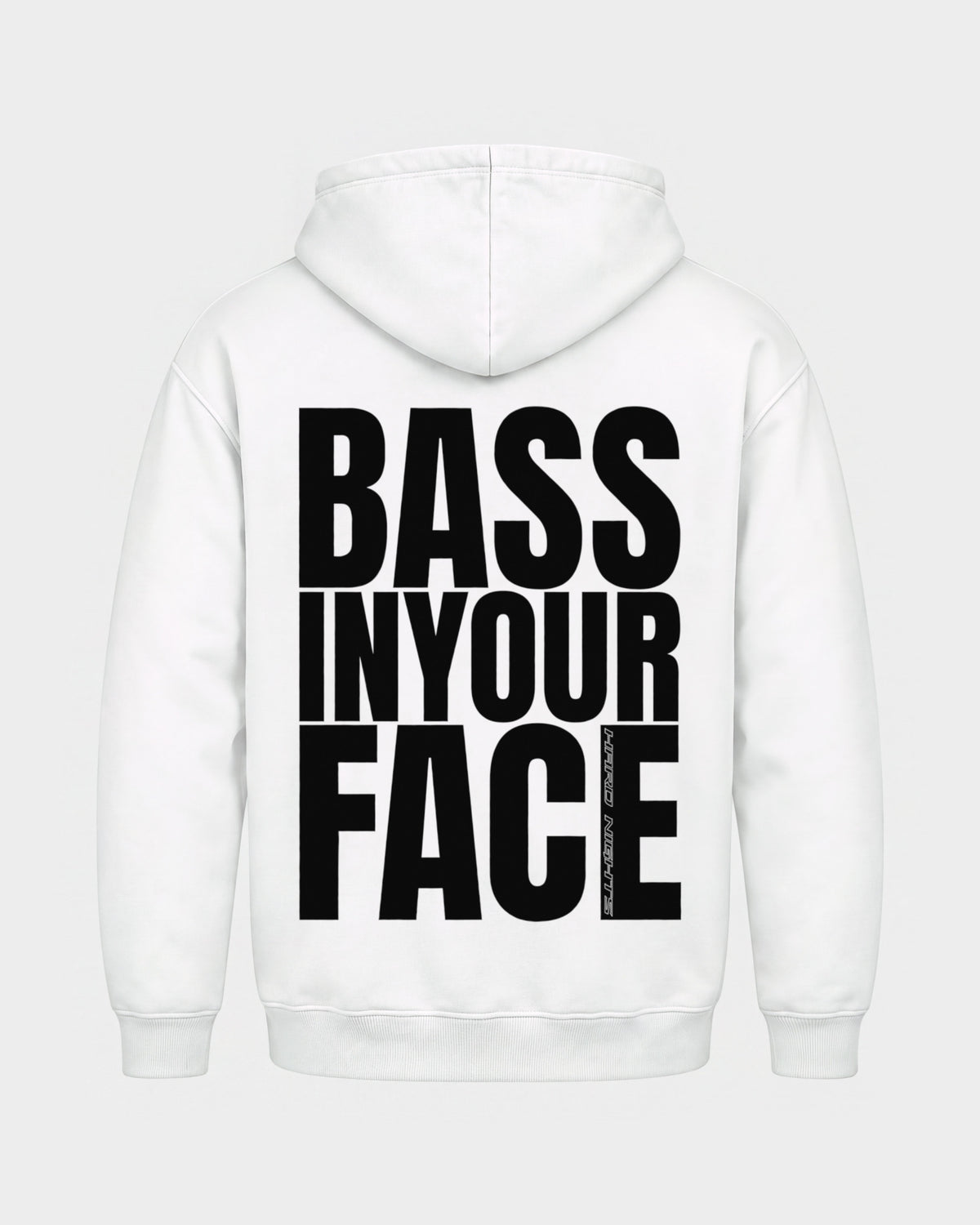 Bass in your face – Basic Hoodie in Weiß, Rückenprint – Hard Nights