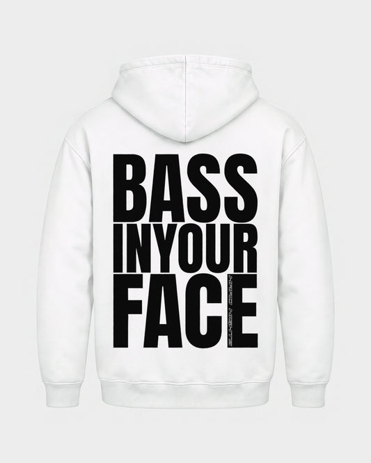 Bass in your face – Basic Hoodie in Weiß, Rückenprint – Hard Nights