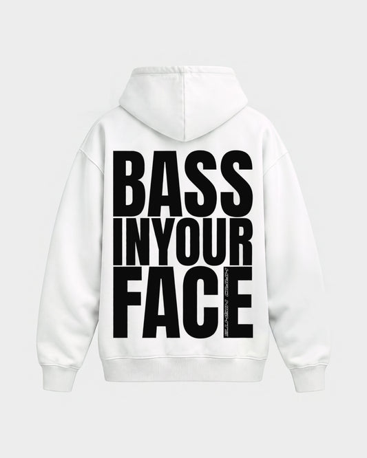 Bass in your face – Oversized Hoodie in Weiß, Rückenprint – Hard Nights