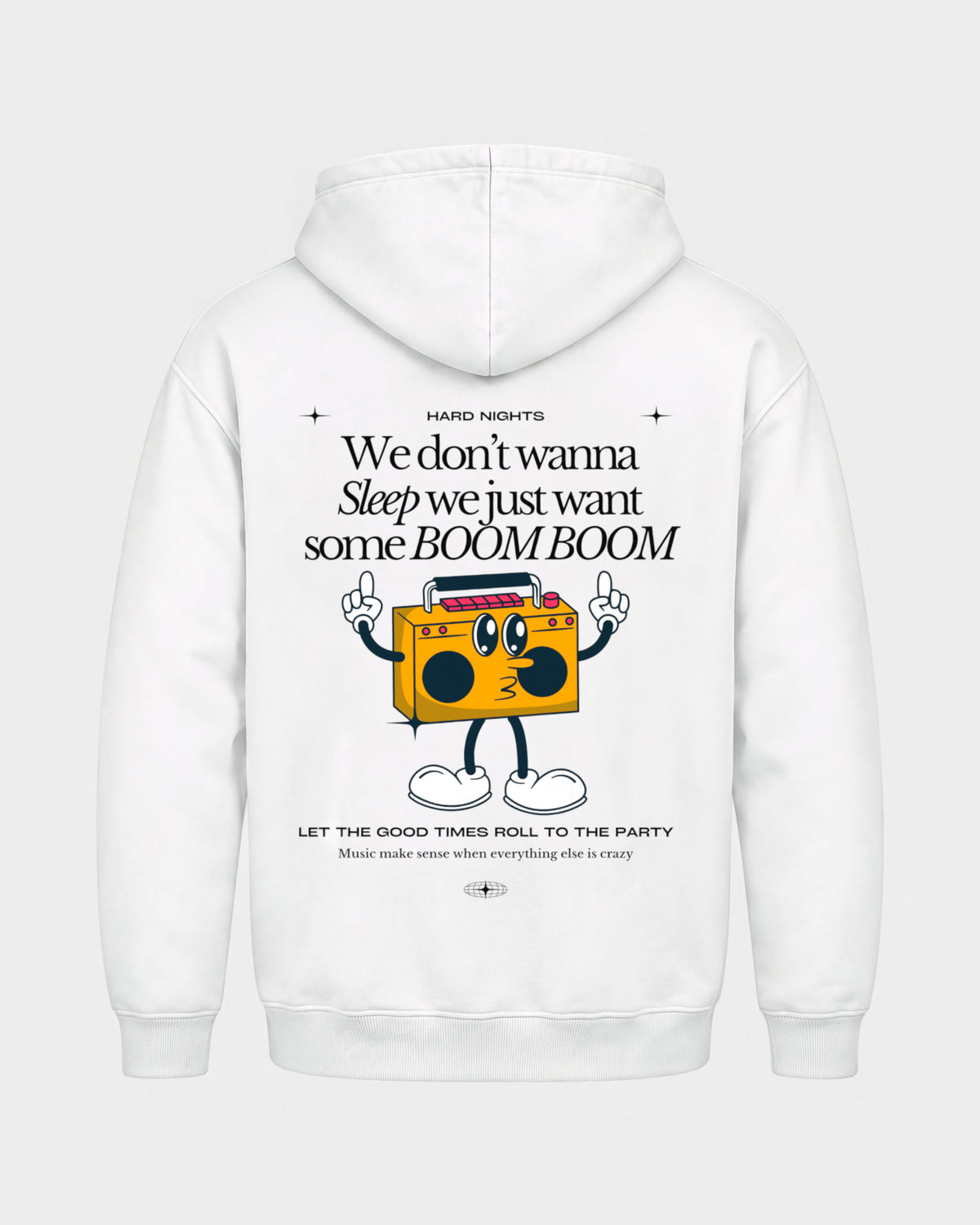 Boom Boom – Basic Hoodie in Weiß, Rückenprint – Hard Nights