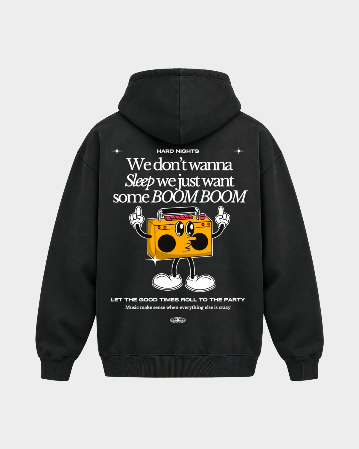 BOOM BOOM – Oversized Hoodie in Schwarz, Rückenprint – Hard Nights
