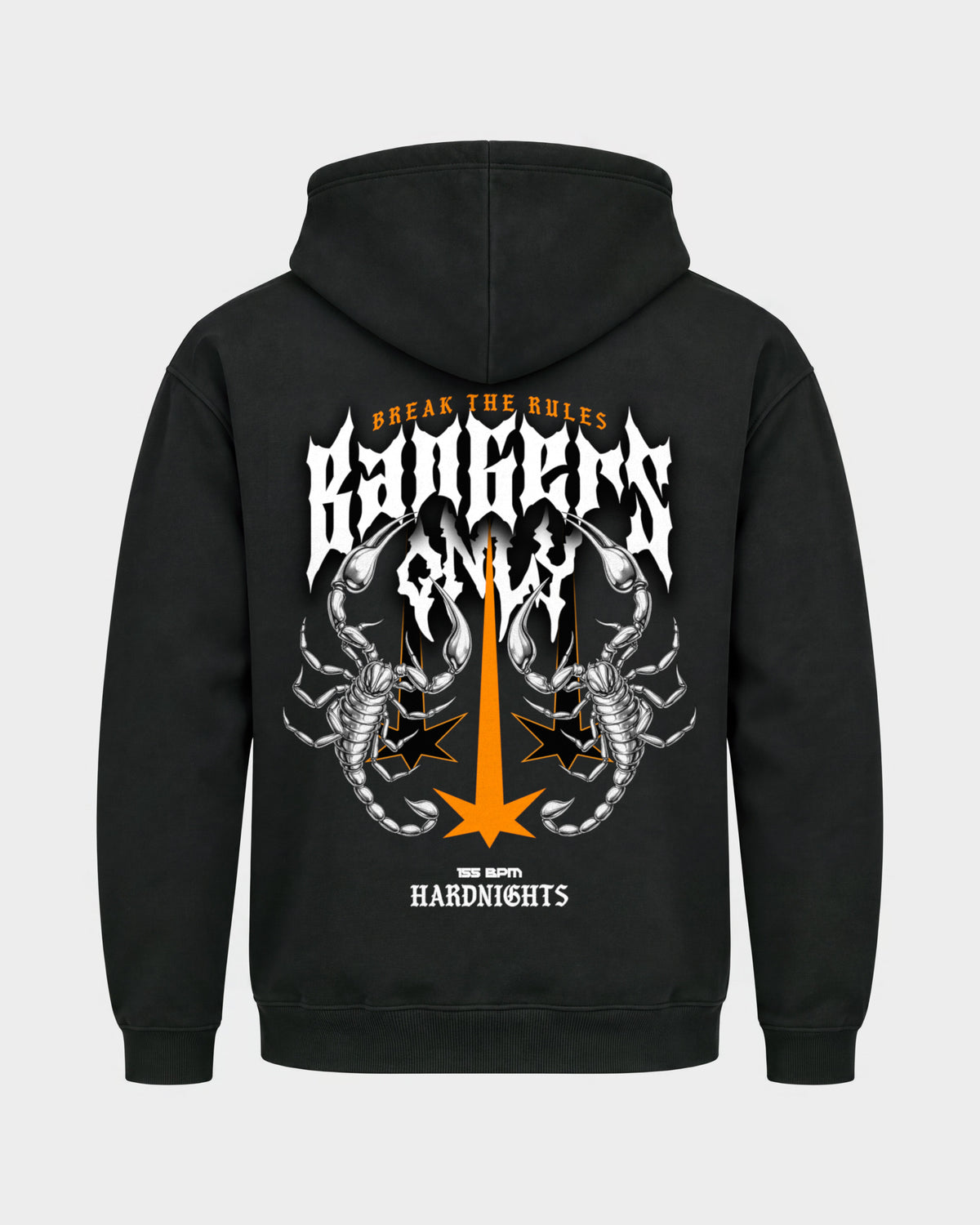 Break the rules – Basic Hoodie in Schwarz, Rückenprint – Hard Nights