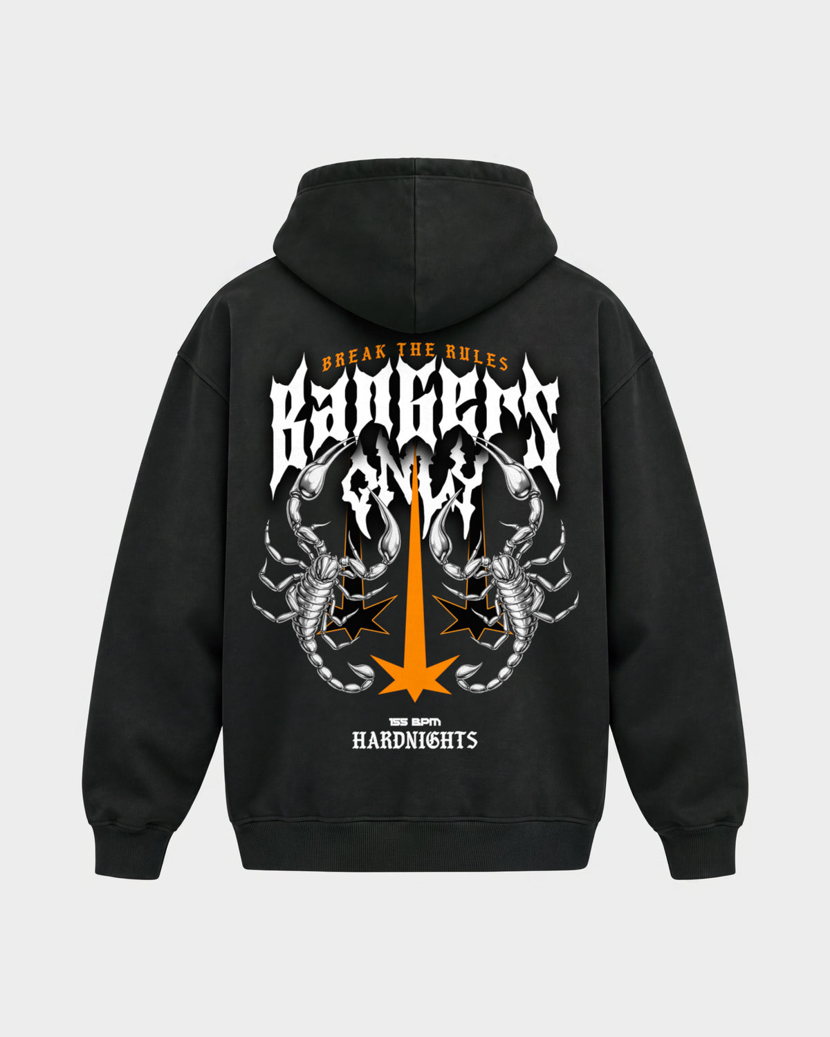 Break the rules – Oversized Hoodie in Schwarz, Rückenprint – Hard Nights