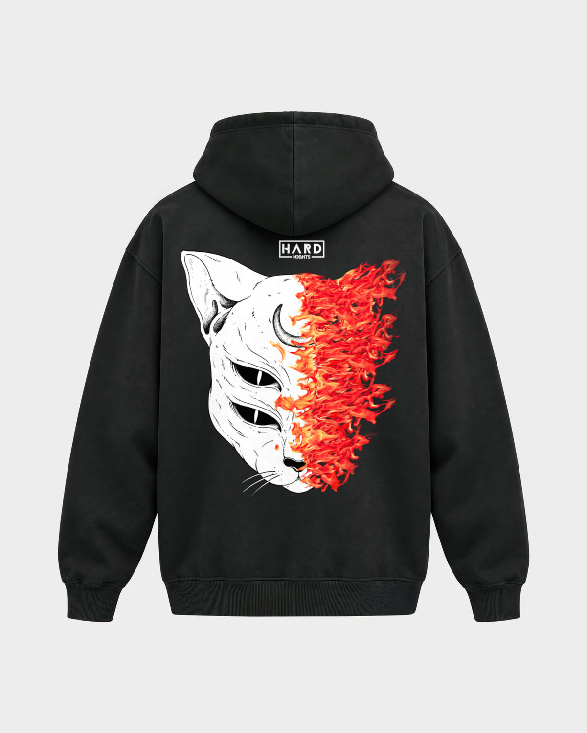 Burning Cat – Oversized Hoodie in Schwarz, Rückenprint – Hard Nights