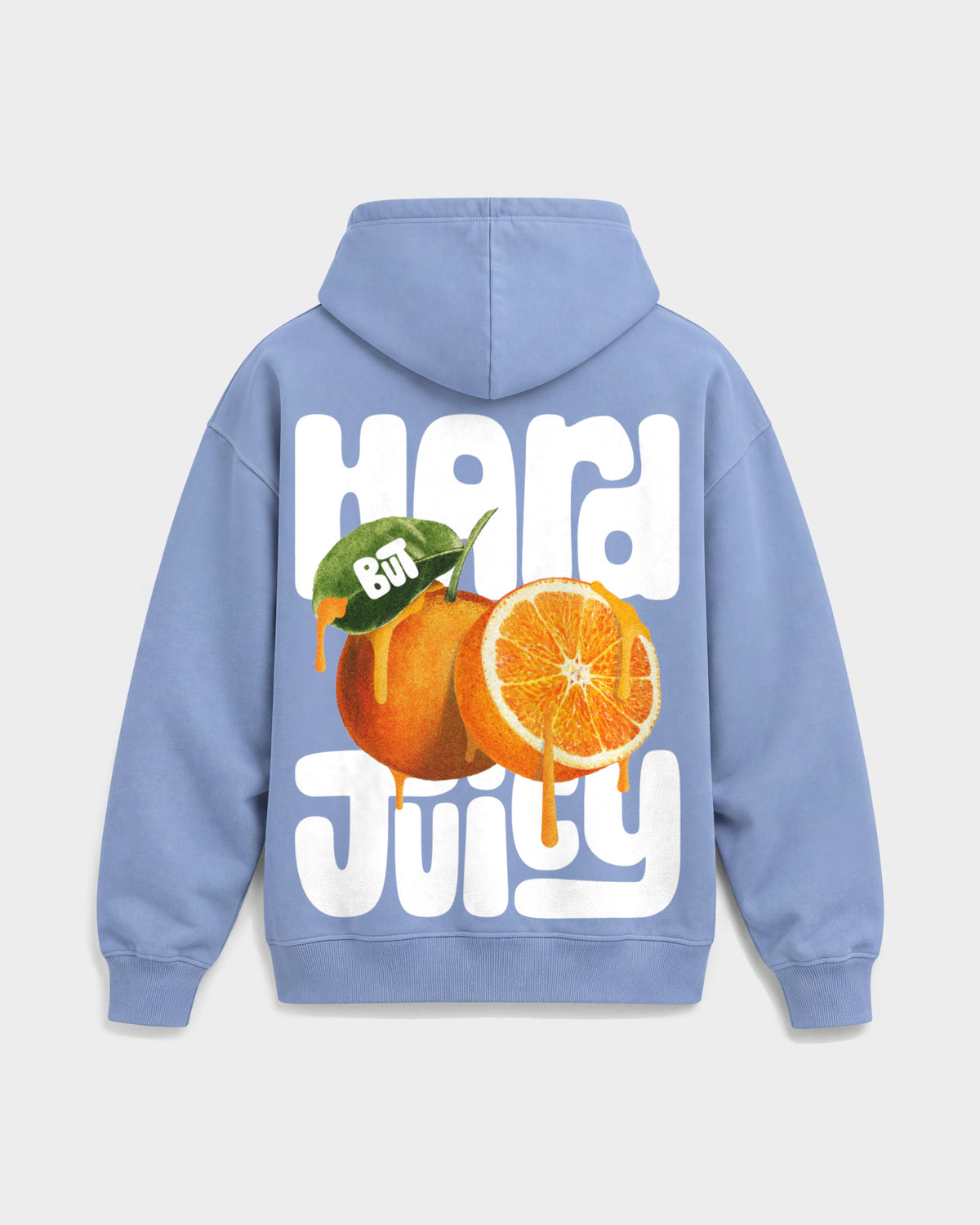 Charly Juice x Hard Nights: Hard but Juicy – Oversized Hoodie in Puderblau, Rückenprint – Hard Nights