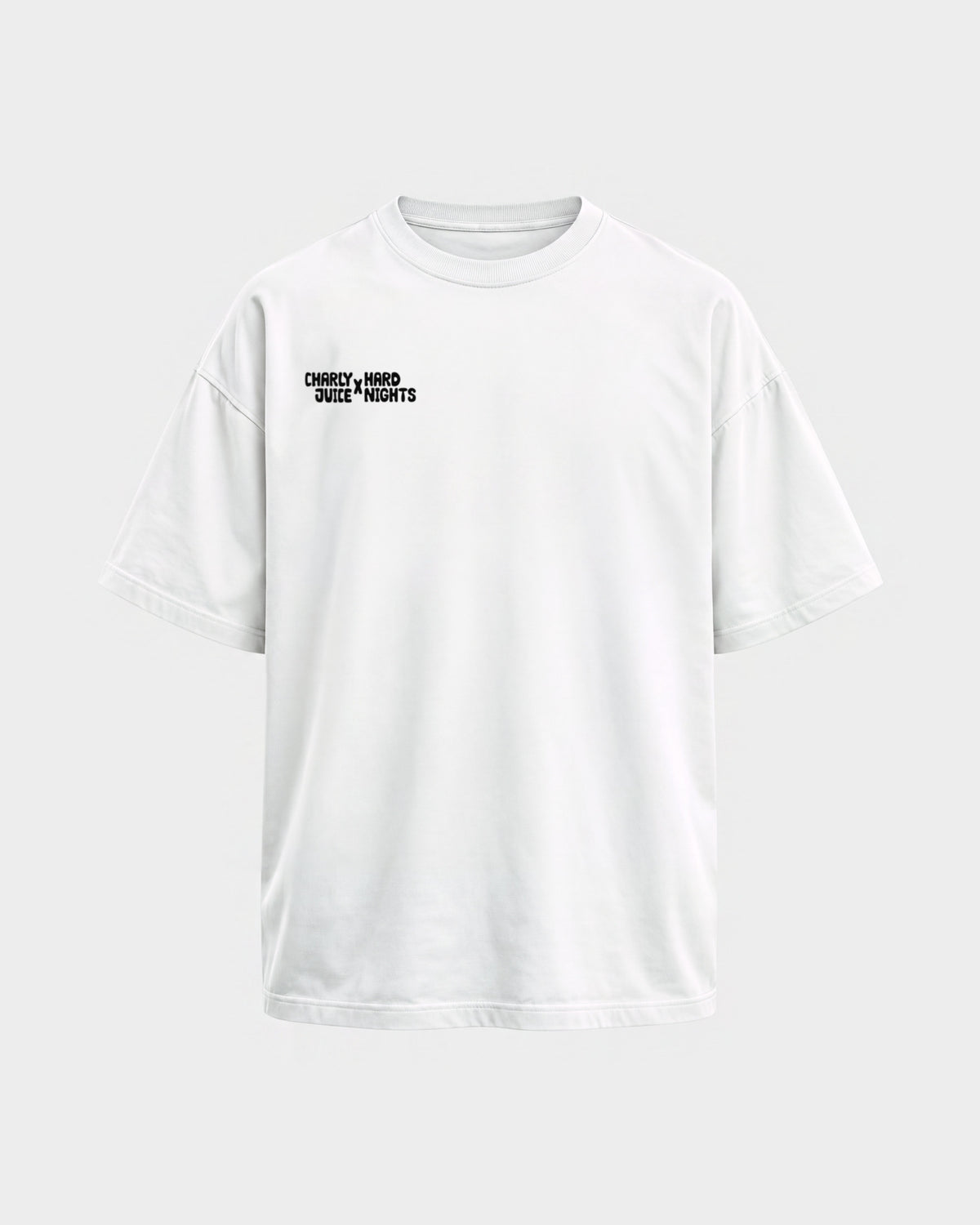 Charly Juice x Hard Nights: Hard but Juicy – Oversized Shirt in Weiß, Frontprint – Hard Nights