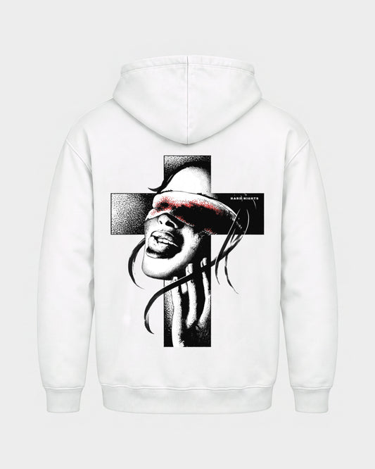 Church of rave – Basic Hoodie in Weiß, Rückenprint – Hard Nights