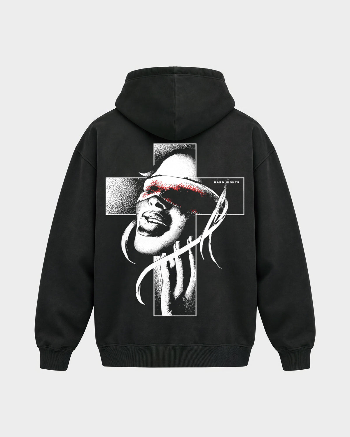 Church of rave – Oversized Hoodie in Schwarz, Rückenprint – Hard Nights