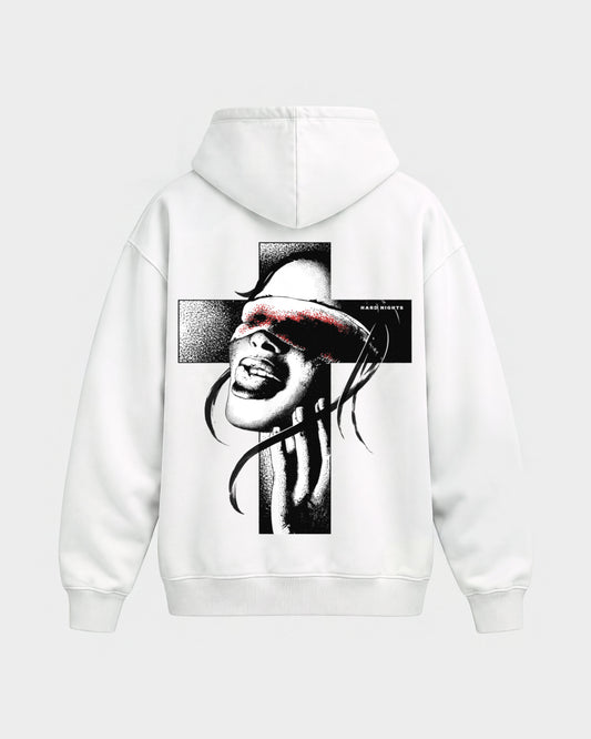 Church of rave – Oversized Hoodie in Weiß, Rückenprint – Hard Nights