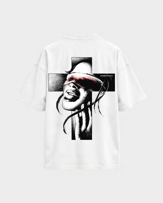 Church of rave – Oversized Shirt in Weiß, Rückenprint – Hard Nights
