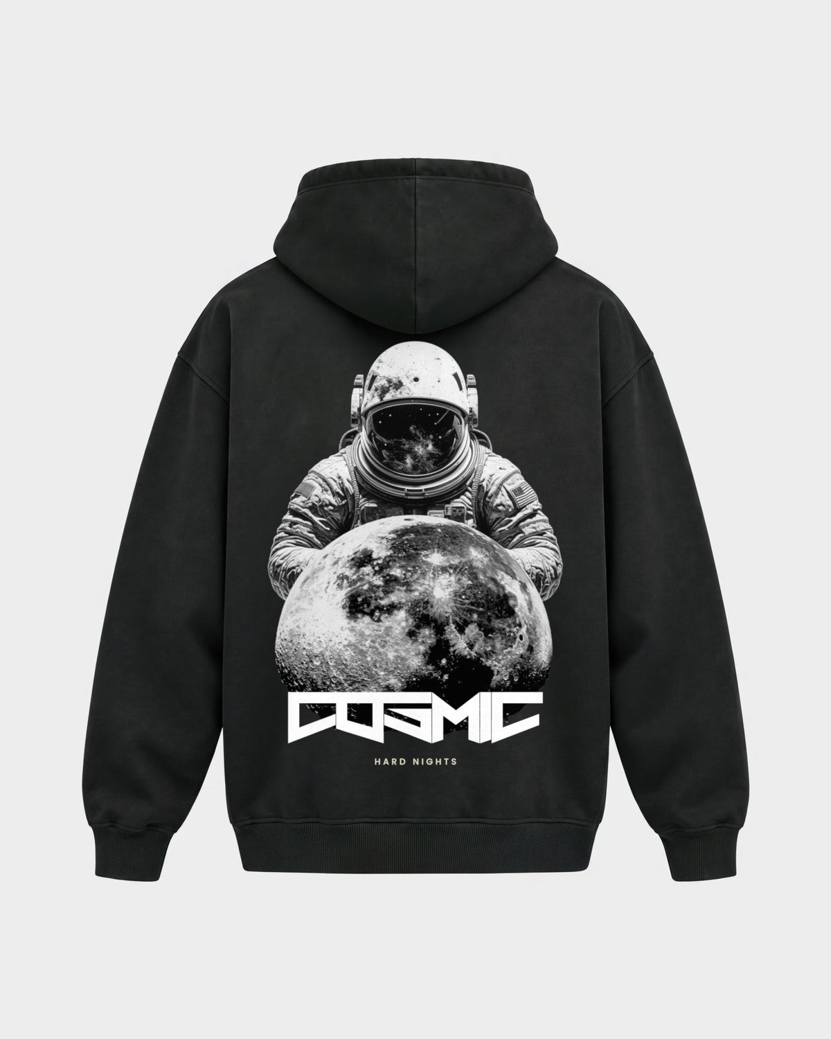 Cosmic – Oversized Hoodie in Schwarz, Rückenprint – Hard Nights