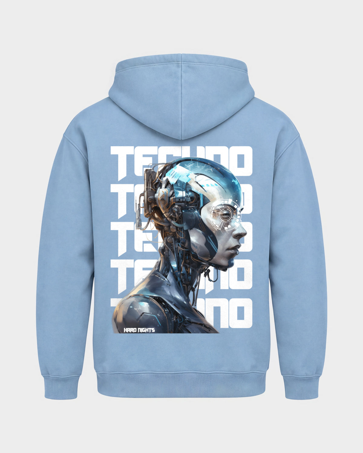 Cosmic Techno – Basic Hoodie in Himmelblau, Rückenprint – Hard Nights