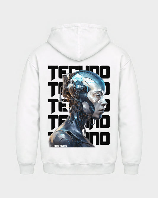 Cosmic Techno – Basic Hoodie in Weiß, Rückenprint – Hard Nights