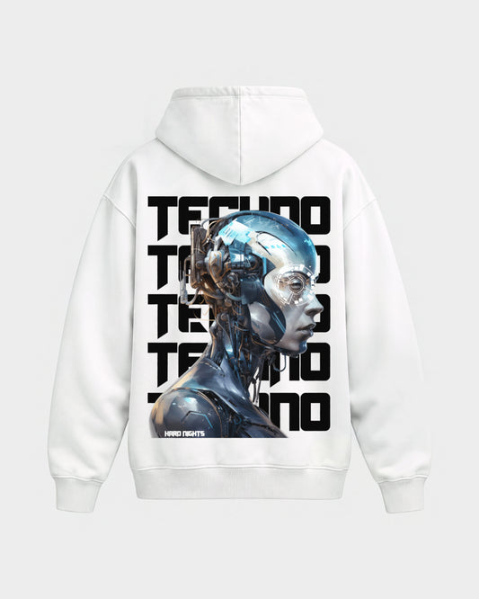 Cosmic Techno – Oversized Hoodie in Weiß, Rückenprint – Hard Nights