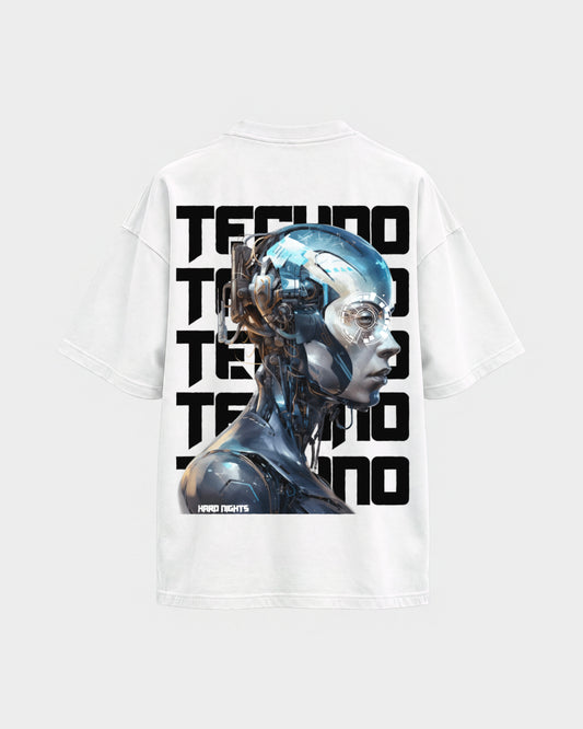 Cosmic Techno – Oversized Shirt in Weiß, Rückenprint – Hard Nights