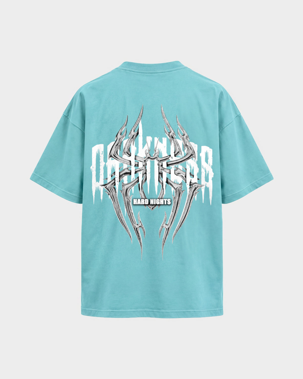Darkness Spider – Oversized Shirt in Berylblau, Rückenprint – Hard Nights