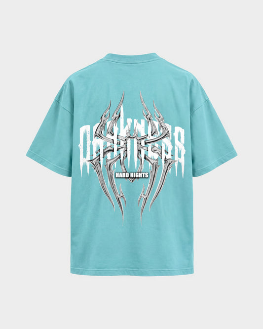 Darkness Spider – Oversized Shirt in Berylblau, Rückenprint – Hard Nights