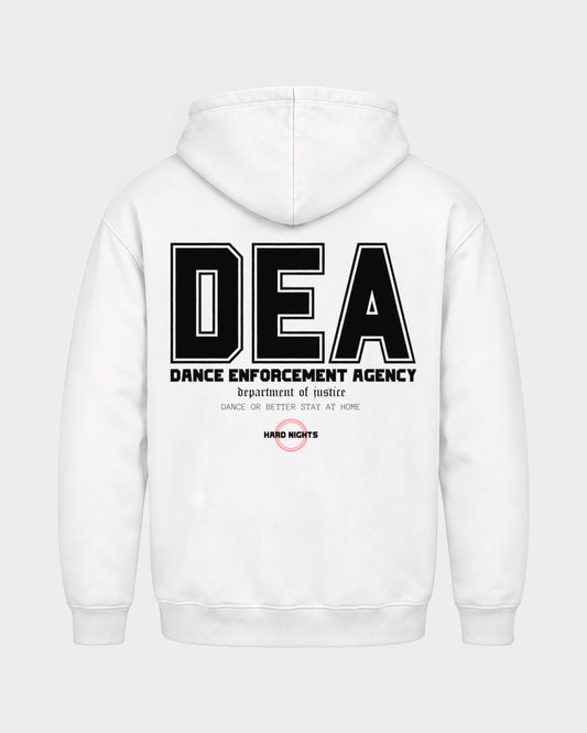 DEA – Basic Hoodie in Weiß, Rückenprint – Hard Nights