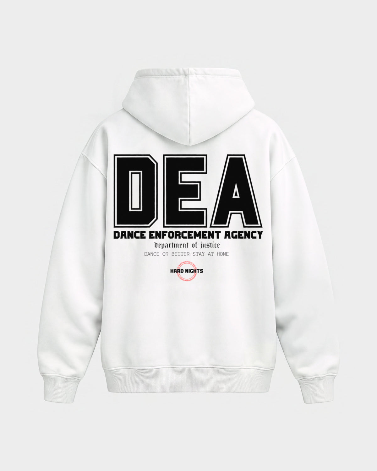 DEA – Oversized Hoodie in Weiß, Rückenprint – Hard Nights
