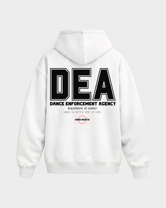 DEA – Oversized Hoodie in Weiß, Rückenprint – Hard Nights