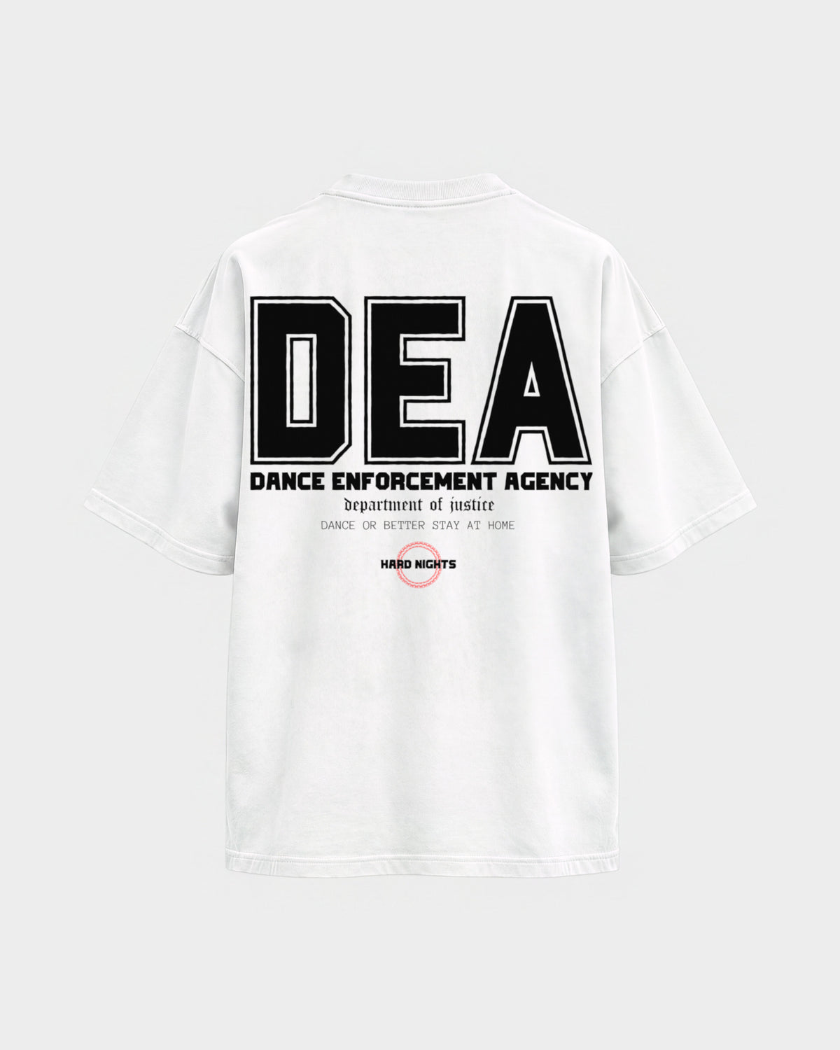 DEA – Oversized Shirt in Weiß, Rückenprint – Hard Nights