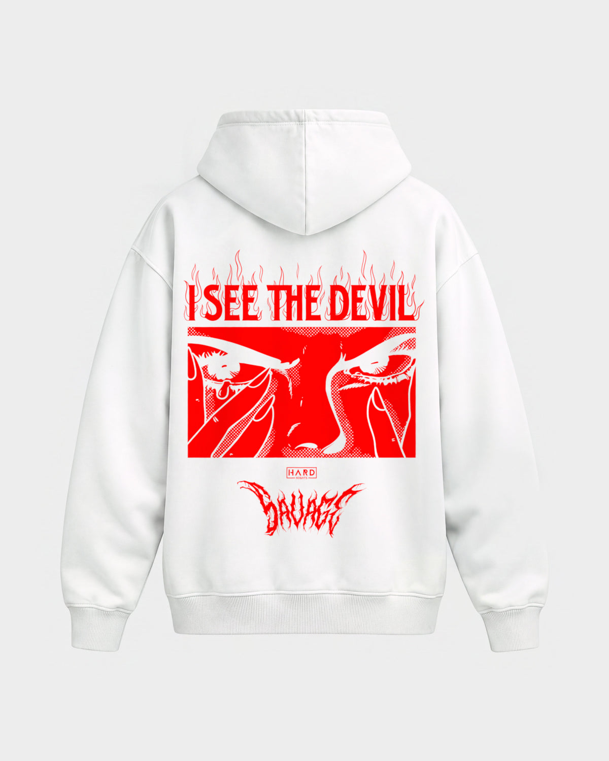 Devil – Oversized Hoodie in Weiß, Rückenprint – Hard Nights